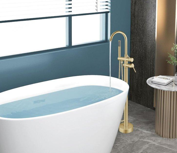 Freestanding Matte Black Floor-Mounted Tub Filler Faucet with Gooseneck
