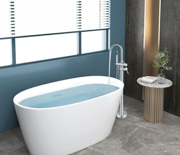 Freestanding Matte Black Floor-Mounted Tub Filler Faucet with Gooseneck