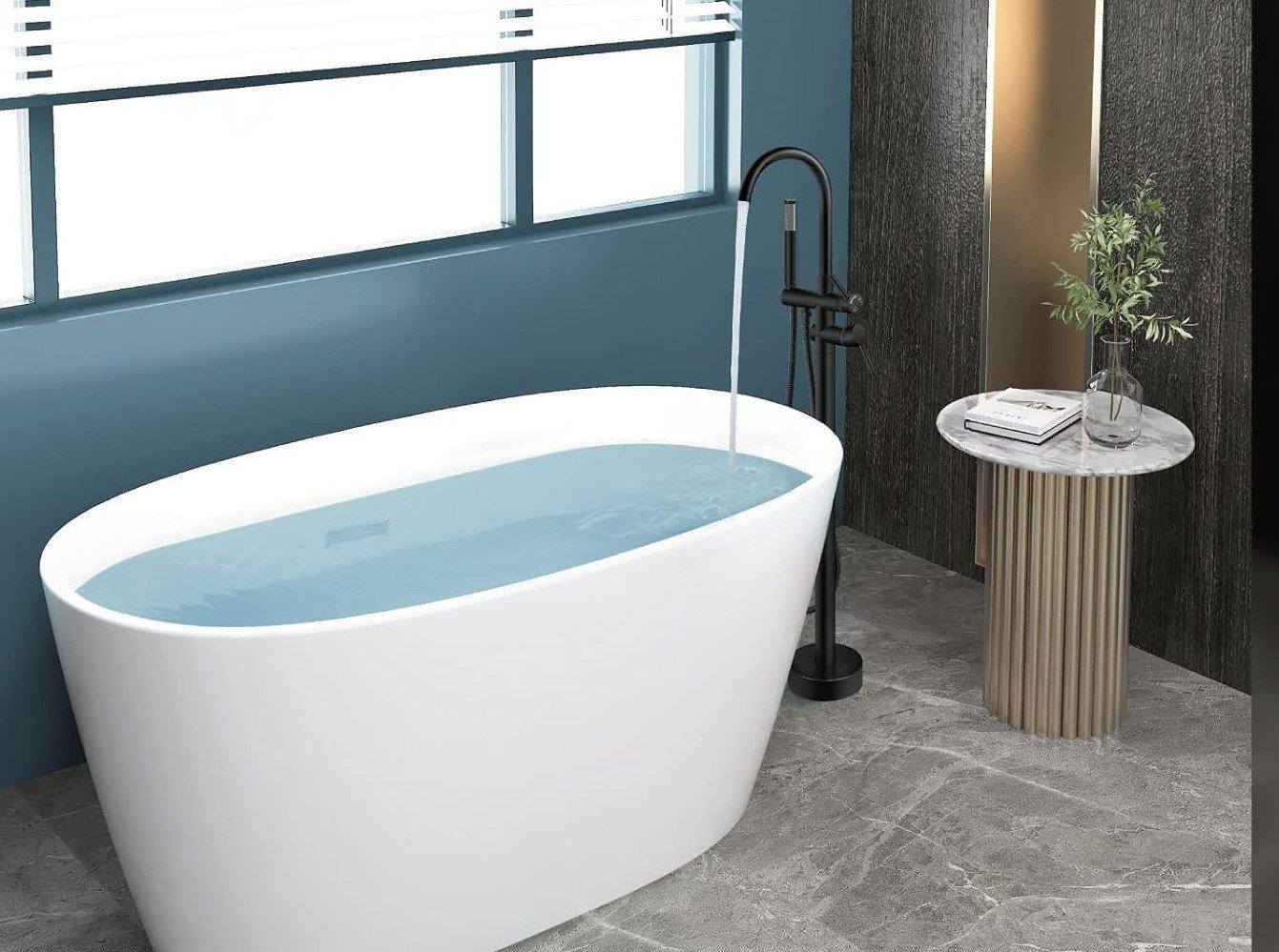 Freestanding Matte Black Floor-Mounted Tub Filler Faucet with Gooseneck Spout